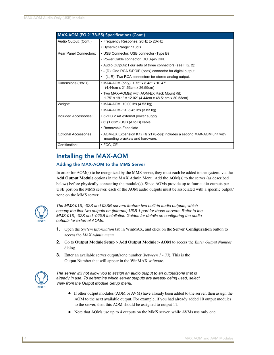 Installing the max-aom, Adding the max-aom to the mms server | AMX Audio-Only Module MAX-AOM User Manual | Page 8 / 26