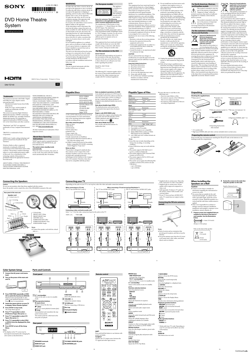 Sony DAV-TZ140 User Manual | 2 pages