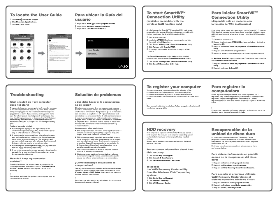 Para iniciar smartwi™ connection utility, Para ubicar la guía del usuario, Hdd recovery | Recuperación de la unidad de disco duro, Troubleshooting, Solución de problemas, Para registrar la computadora | Sony VGN-UX490N User Manual | Page 2 / 2