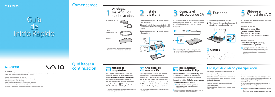 Qué hacer a continuación comencemos, Instale la batería, Verifique los artículos suministrados | Conecte el adaptador de ca, Encienda, Ubique el manual de vaio, Consejos de cuidado y manipulación, Serie vpcs1 | Sony VPCS111FM User Manual | Page 2 / 2