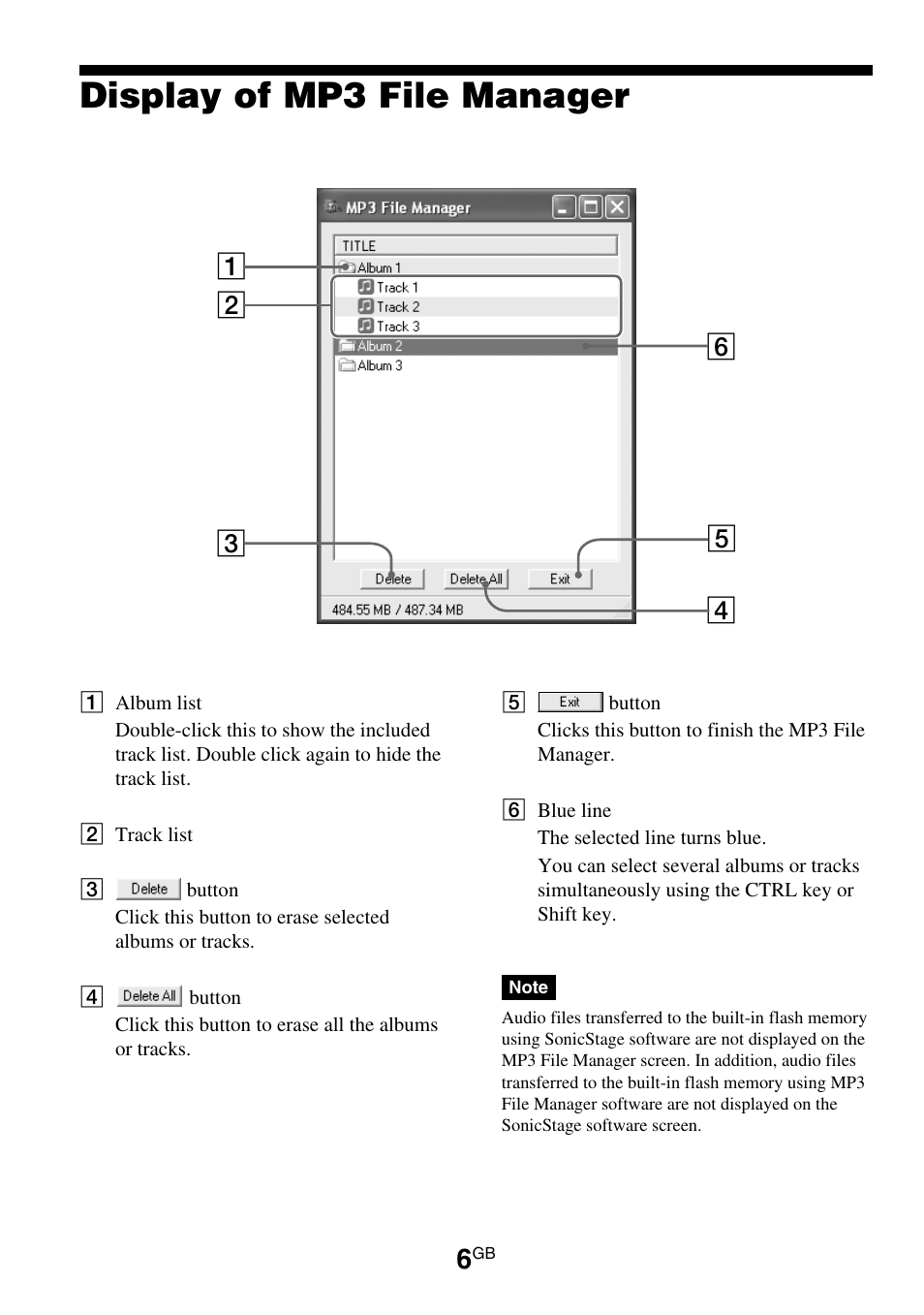 Display of mp3 file manager | Sony NW-E95 User Manual | Page 6 / 8