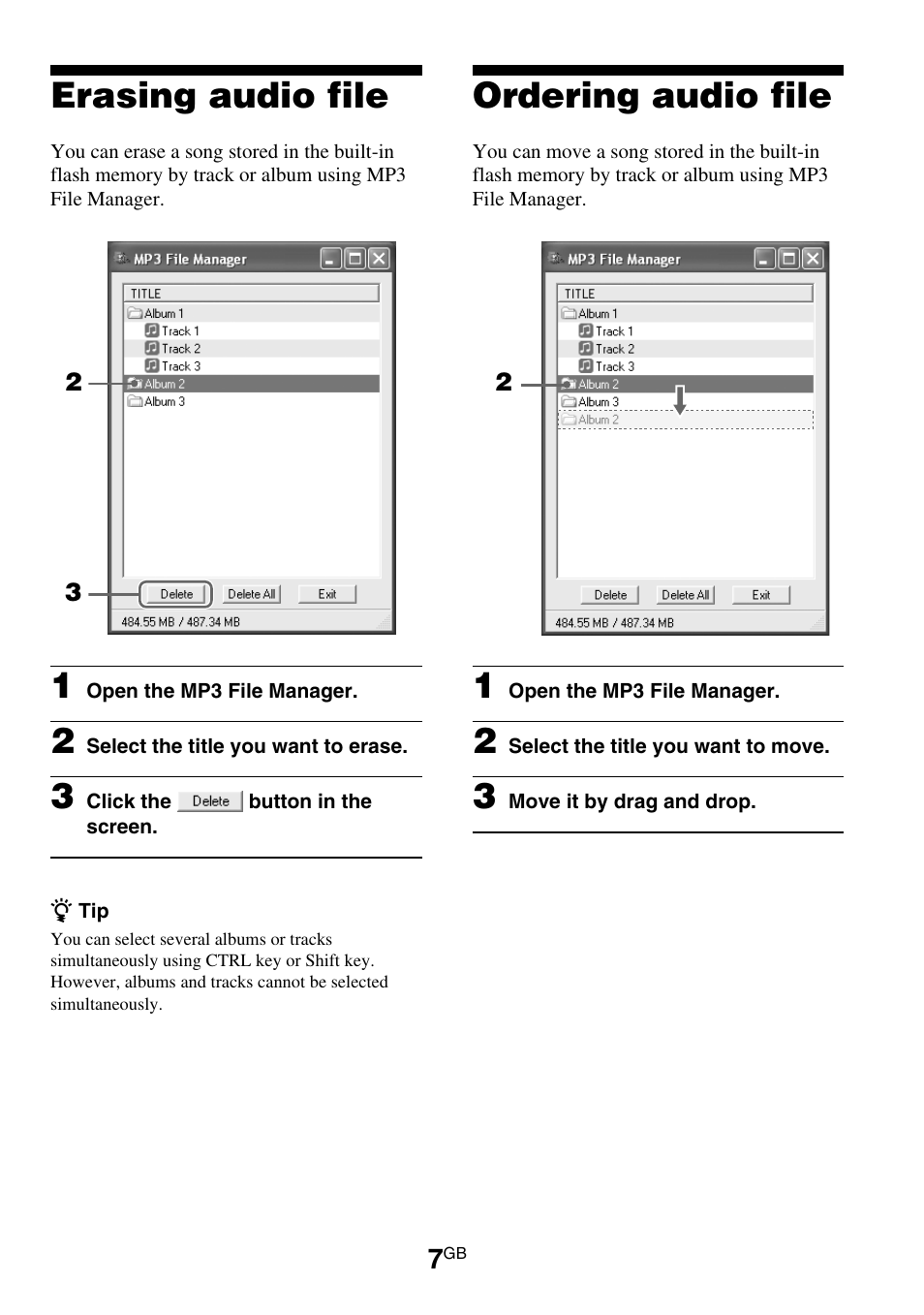 Erasing audio file, Ordering audio file | Sony NW-E95 User Manual | Page 7 / 8