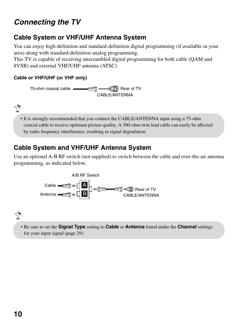 Connecting the tv, 10 connecting the tv, Cable system or vhf/uhf antenna system | Cable system and vhf/uhf antenna system | Sony KDL-32BX330 User Manual | Page 10 / 48