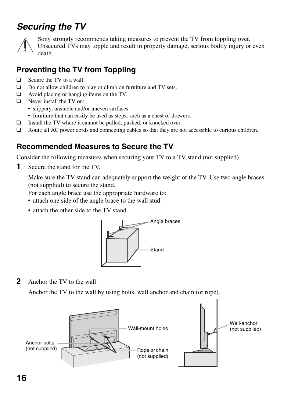 Securing the tv, 16 securing the tv, Preventing the tv from toppling | Recommended measures to secure the tv | Sony KDL-32BX330 User Manual | Page 16 / 48
