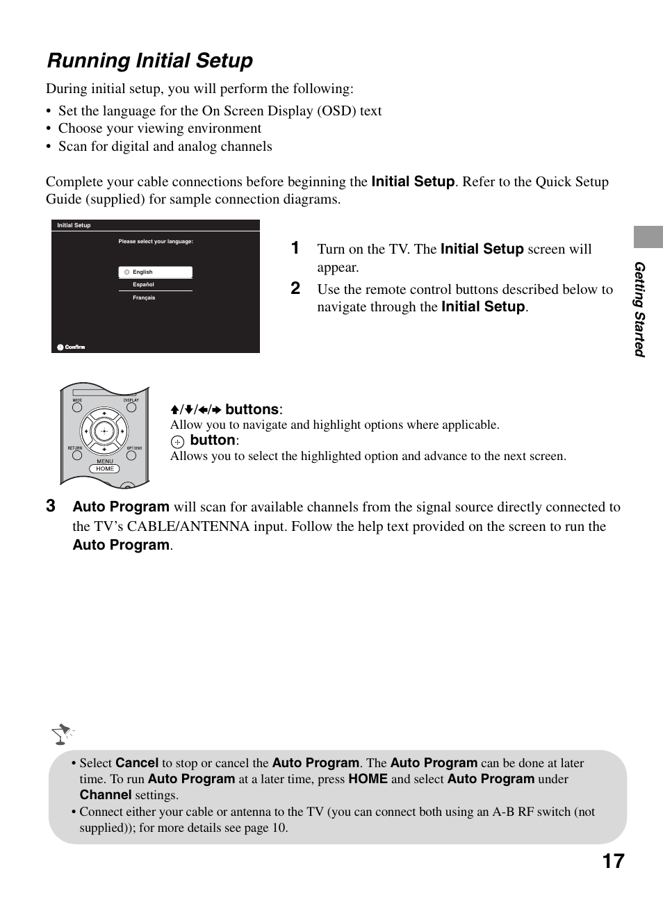Running initial setup, Button | Sony KDL-32BX330 User Manual | Page 17 / 48