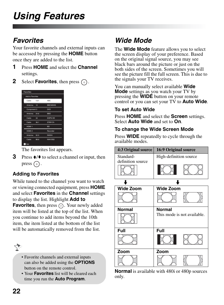 Using features, Favorites, Wide mode | Press home and select the channel settings | Sony KDL-32BX330 User Manual | Page 22 / 48