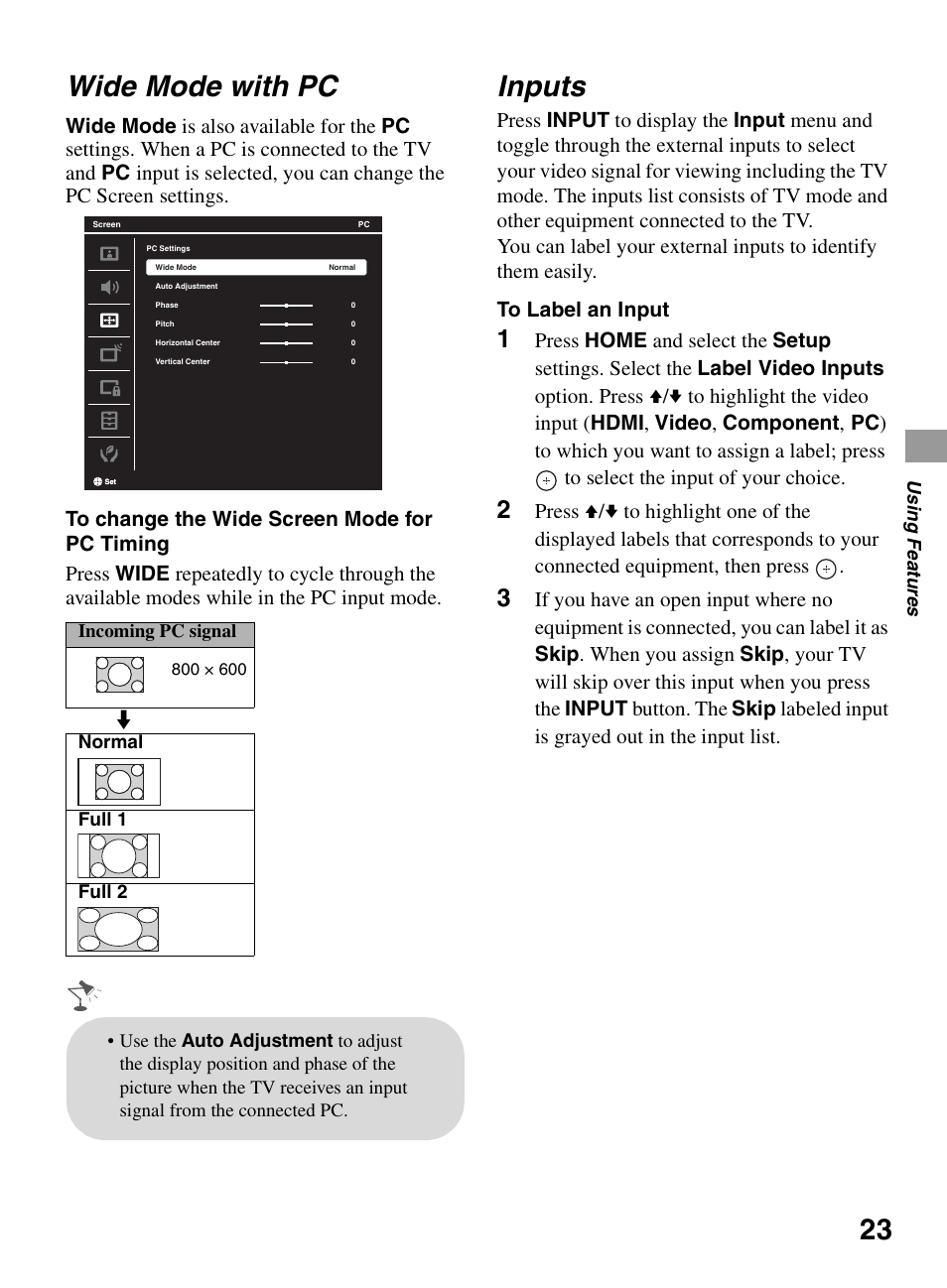 Wide mode with pc, Inputs | Sony KDL-32BX330 User Manual | Page 23 / 48