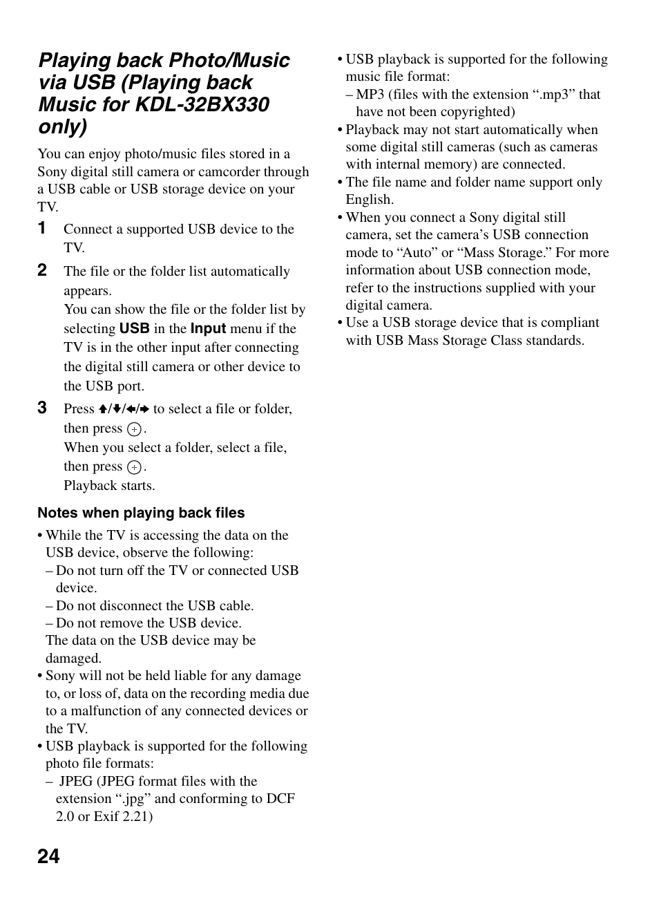 Playing back photo/music via usb (playing, Back music for kdl-32bx330 only) | Sony KDL-32BX330 User Manual | Page 24 / 48