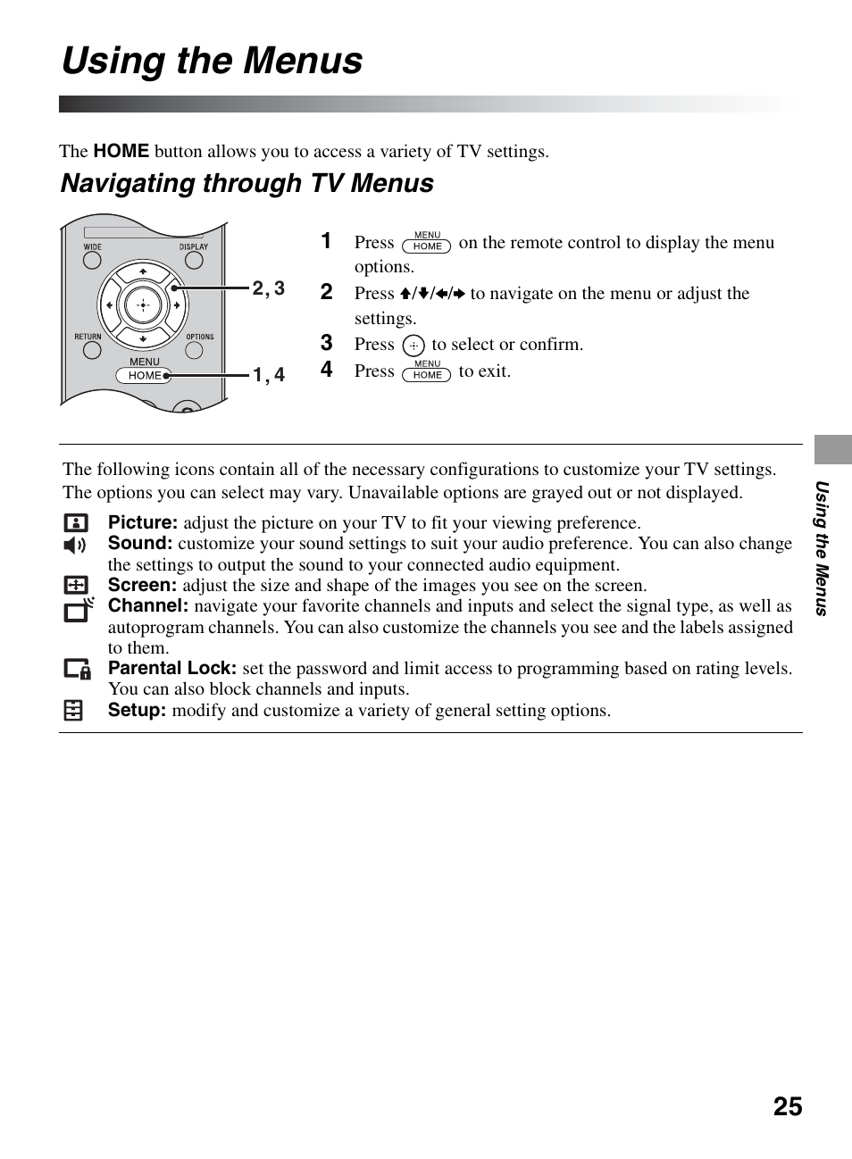 Using the menus, Navigating through tv menus | Sony KDL-32BX330 User Manual | Page 25 / 48