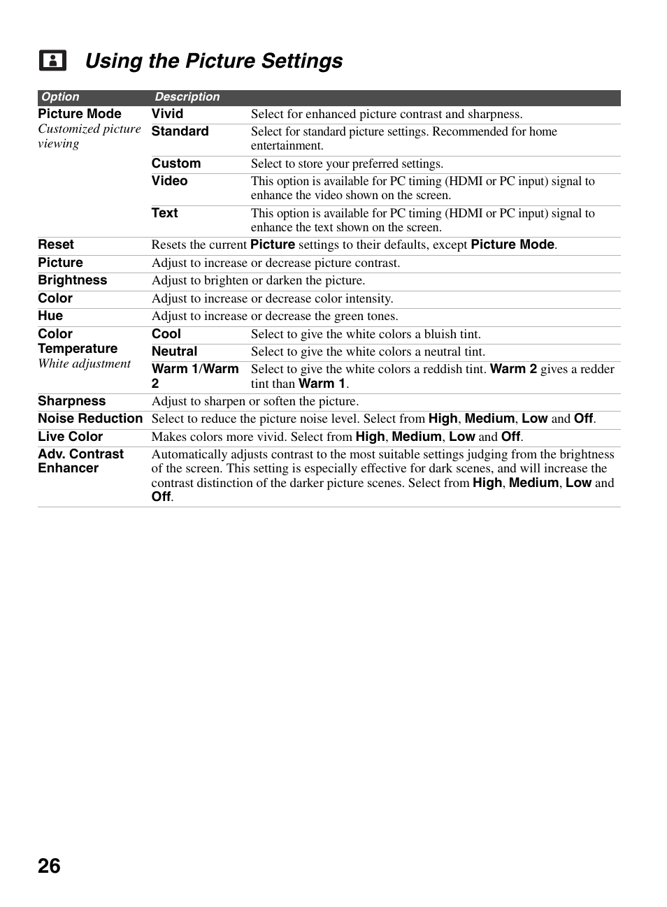 Using the picture settings, 26 using the picture settings | Sony KDL-32BX330 User Manual | Page 26 / 48