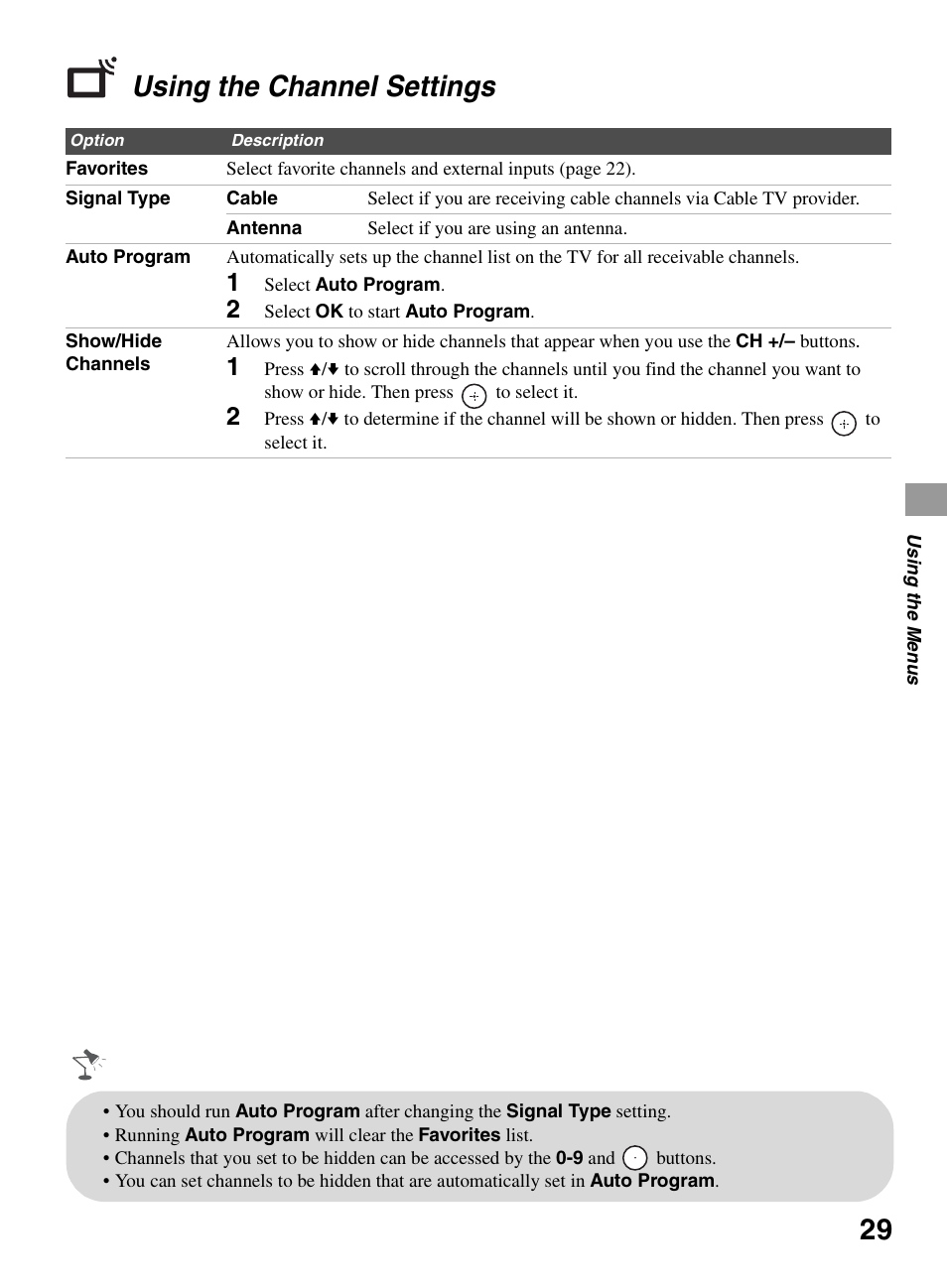 Using the channel settings | Sony KDL-32BX330 User Manual | Page 29 / 48