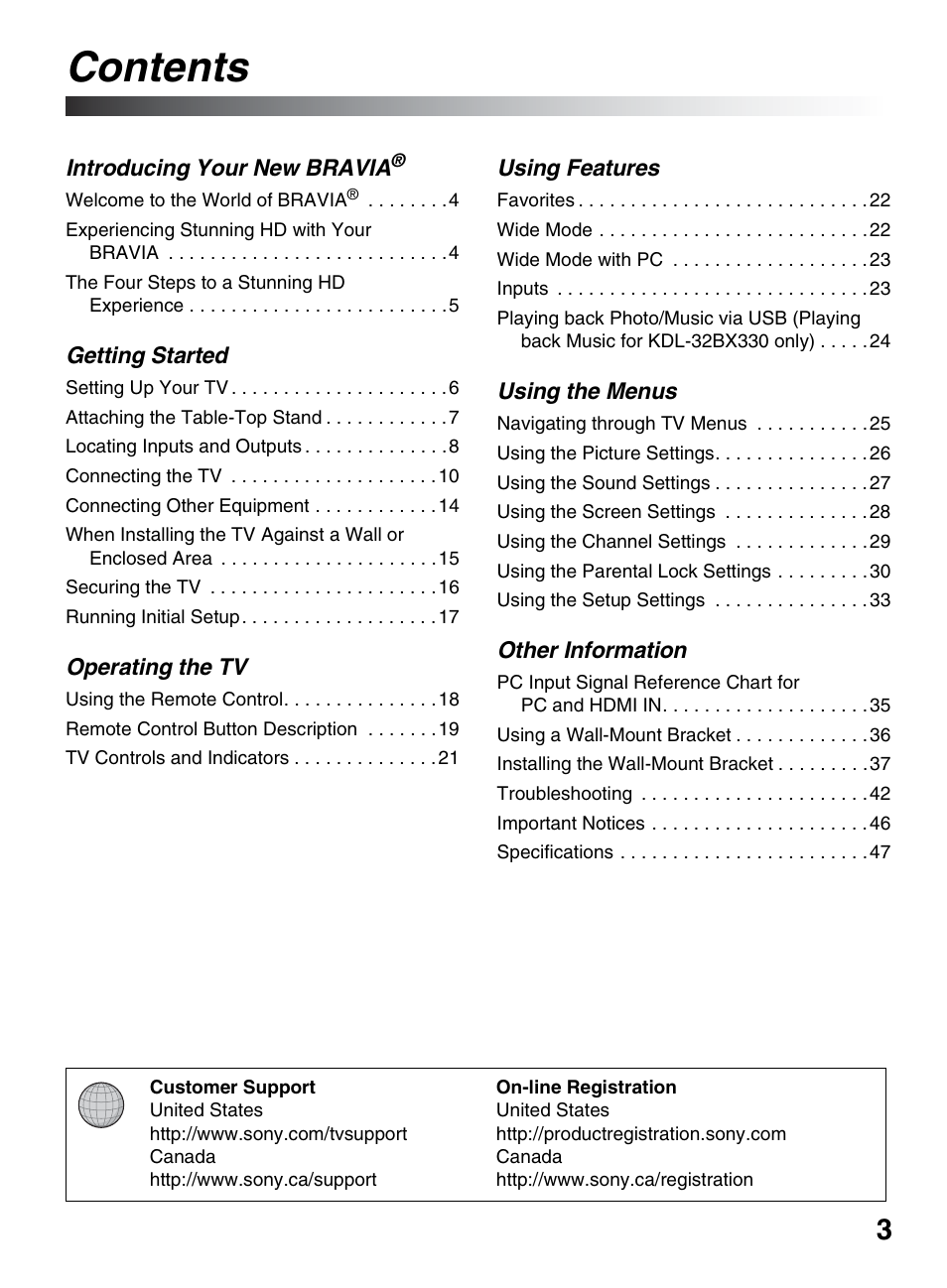 Sony KDL-32BX330 User Manual | Page 3 / 48