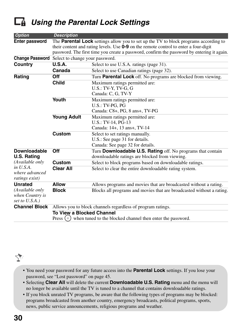Using the parental lock settings, 30 using the parental lock settings | Sony KDL-32BX330 User Manual | Page 30 / 48