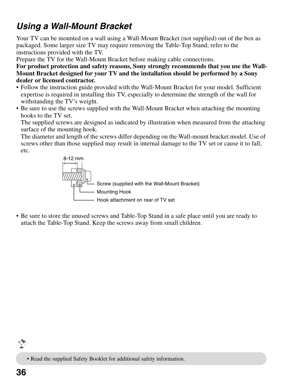 Using a wall-mount bracket, 36 using a wall-mount bracket | Sony KDL-32BX330 User Manual | Page 36 / 48