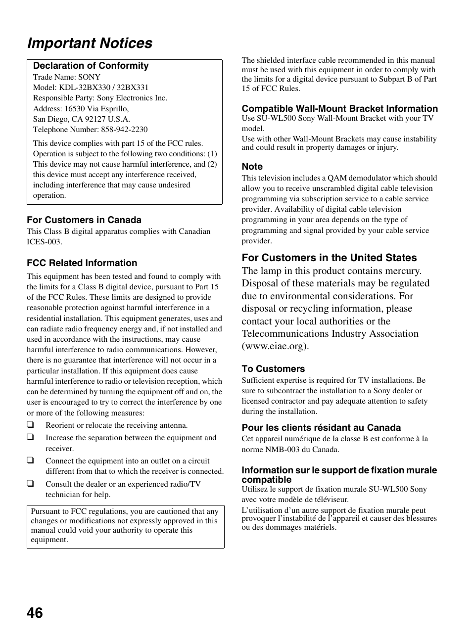 Important notices, 46 important notices | Sony KDL-32BX330 User Manual | Page 46 / 48
