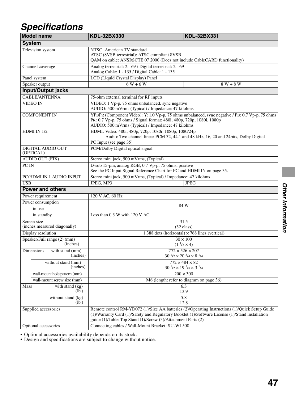 Specifications, Othe r inform ation | Sony KDL-32BX330 User Manual | Page 47 / 48