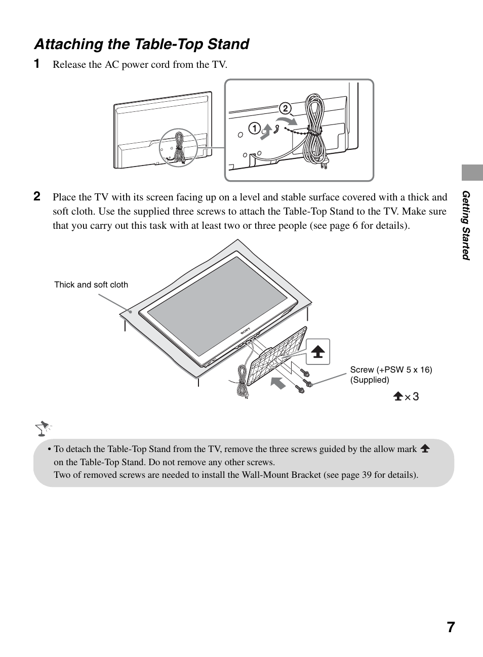 Attaching the table-top stand | Sony KDL-32BX330 User Manual | Page 7 / 48