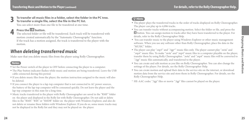 When deleting transferred music, For details, refer to the rolly choreographer help | Sony SEP-30BTWHI User Manual | Page 13 / 36