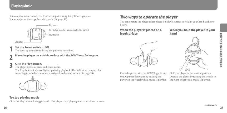 Playing music, Two ways to operate the player | Sony SEP-30BTWHI User Manual | Page 14 / 36
