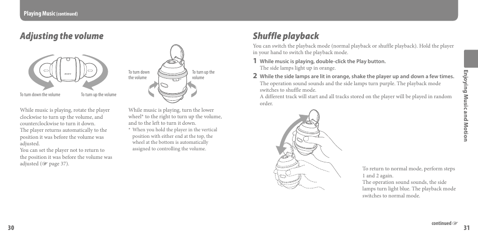 Adjusting the volume, Shuffle playback | Sony SEP-30BTWHI User Manual | Page 16 / 36