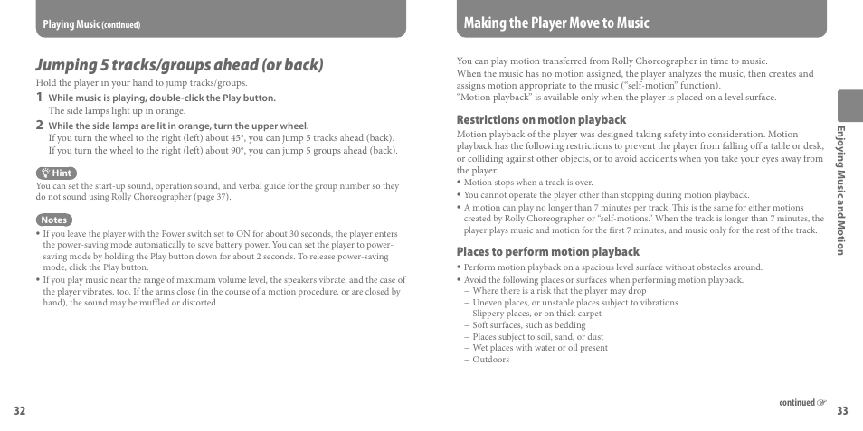 Making the player move to music, Jumping 5 tracks/groups ahead (or back), Restrictions on motion playback | Places to perform motion playback | Sony SEP-30BTWHI User Manual | Page 17 / 36