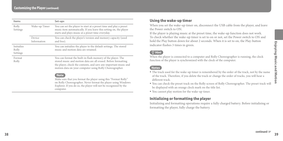 Using the wake-up timer, Initializing or formatting the player, Customizing the player | Sony SEP-30BTWHI User Manual | Page 20 / 36