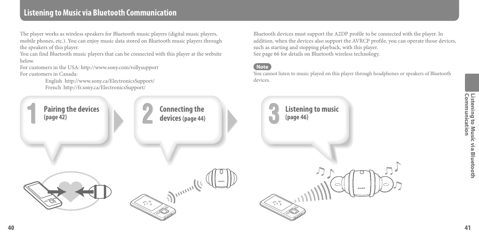 Listening to music via bluetooth communication, Pairing the devices, Connecting the devices | Listening to music | Sony SEP-30BTWHI User Manual | Page 21 / 36