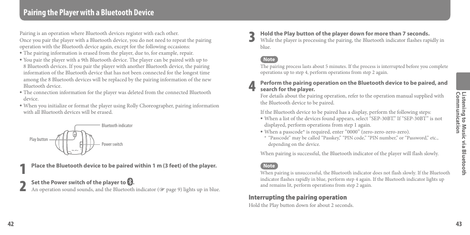 Pairing the player with a bluetooth device | Sony SEP-30BTWHI User Manual | Page 22 / 36