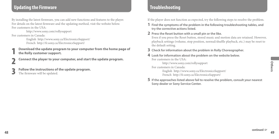 Others, Updating the firmware, Troubleshooting | Updating the firmware troubleshooting | Sony SEP-30BTWHI User Manual | Page 25 / 36