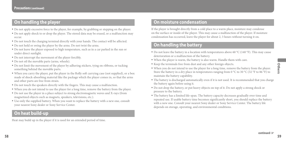 On moisture condensation, On handling the battery, On handling the player | On heat build-up, Precautions | Sony SEP-30BTWHI User Manual | Page 30 / 36