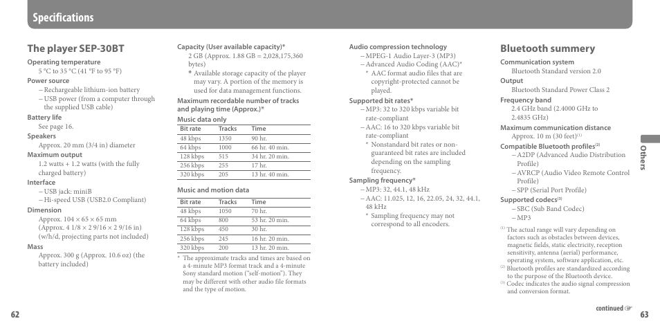 Specifications, The player sep-30bt, Bluetooth summery | Sony SEP-30BTWHI User Manual | Page 32 / 36