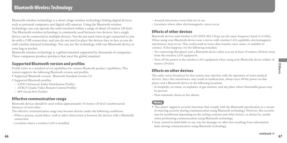 Bluetooth wireless technology, Supported bluetooth version and profiles, Effective communication range | Effects of other devices, Effects on other devices | Sony SEP-30BTWHI User Manual | Page 34 / 36