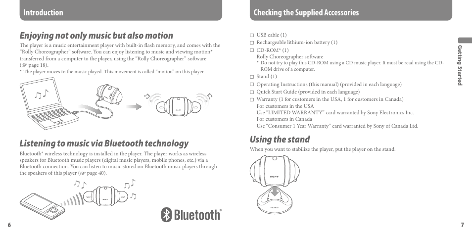 Introduction, Getting started, Checking the supplied accessories | Introduction getting started, Enjoying not only music but also motion, Listening to music via bluetooth technology, Using the stand | Sony SEP-30BTWHI User Manual | Page 4 / 36