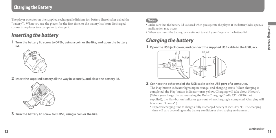 Charging the battery, Inserting the battery | Sony SEP-30BTWHI User Manual | Page 7 / 36