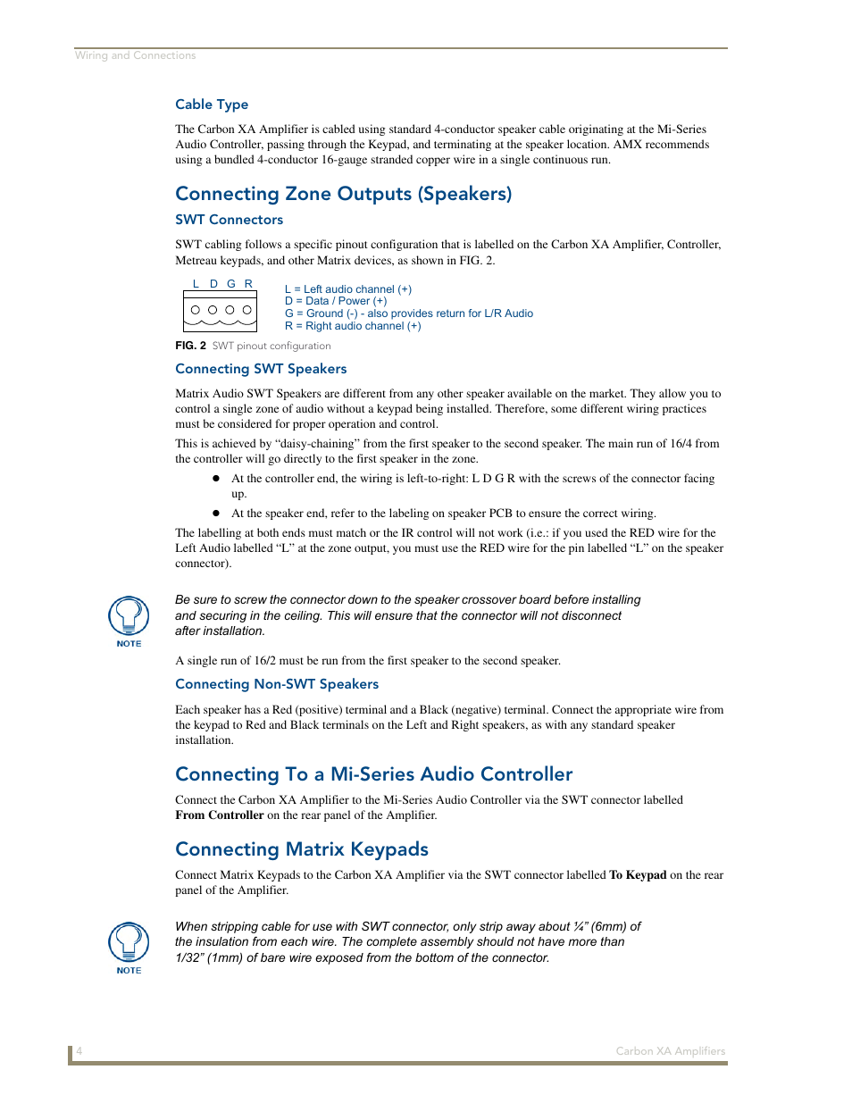 Cable type, Connecting zone outputs (speakers), Swt connectors | Connecting swt speakers, Connecting non-swt speakers, Connecting to a mi-series audio controller, Connecting matrix keypads | AMX DAS-AMP4 User Manual | Page 10 / 14