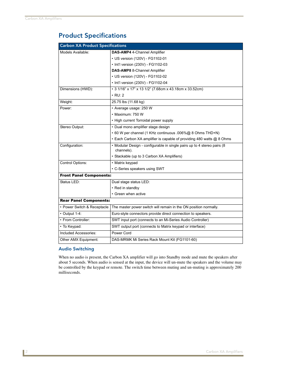 Product specifications, Audio switching | AMX DAS-AMP4 User Manual | Page 8 / 14