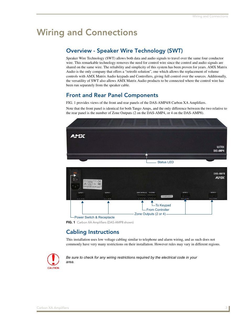 Wiring and connections, Overview - speaker wire technology (swt), Front and rear panel components | Cabling instructions | AMX DAS-AMP4 User Manual | Page 9 / 14