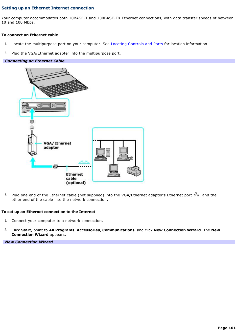 Setting up an ethernet internet connection | Sony VGN-X505ZP User Manual | Page 101 / 135