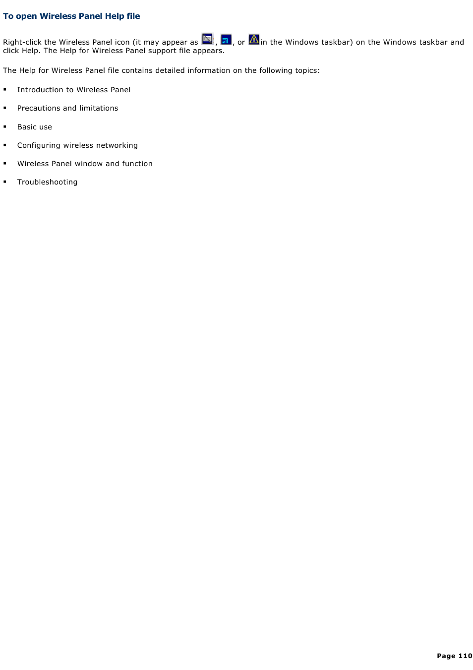 To open wireless panel help file | Sony VGN-X505ZP User Manual | Page 110 / 135