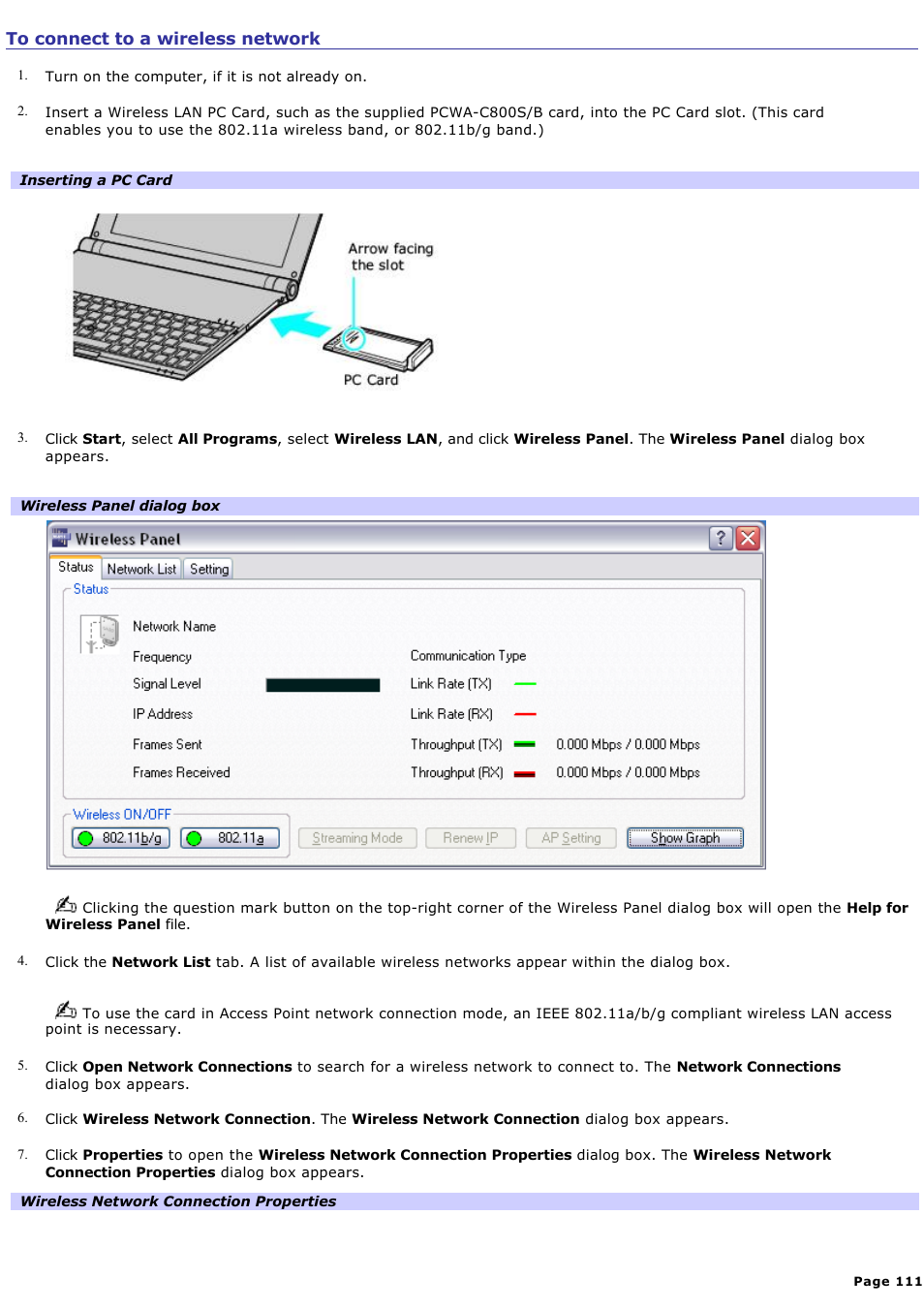 To connect to a wireless network, For more information, see, To set up a | Computer-to-computer (ad-hoc) network | Sony VGN-X505ZP User Manual | Page 111 / 135