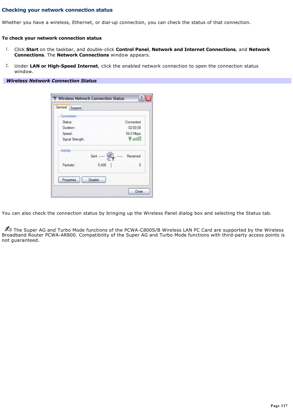 Checking your network connection status | Sony VGN-X505ZP User Manual | Page 117 / 135