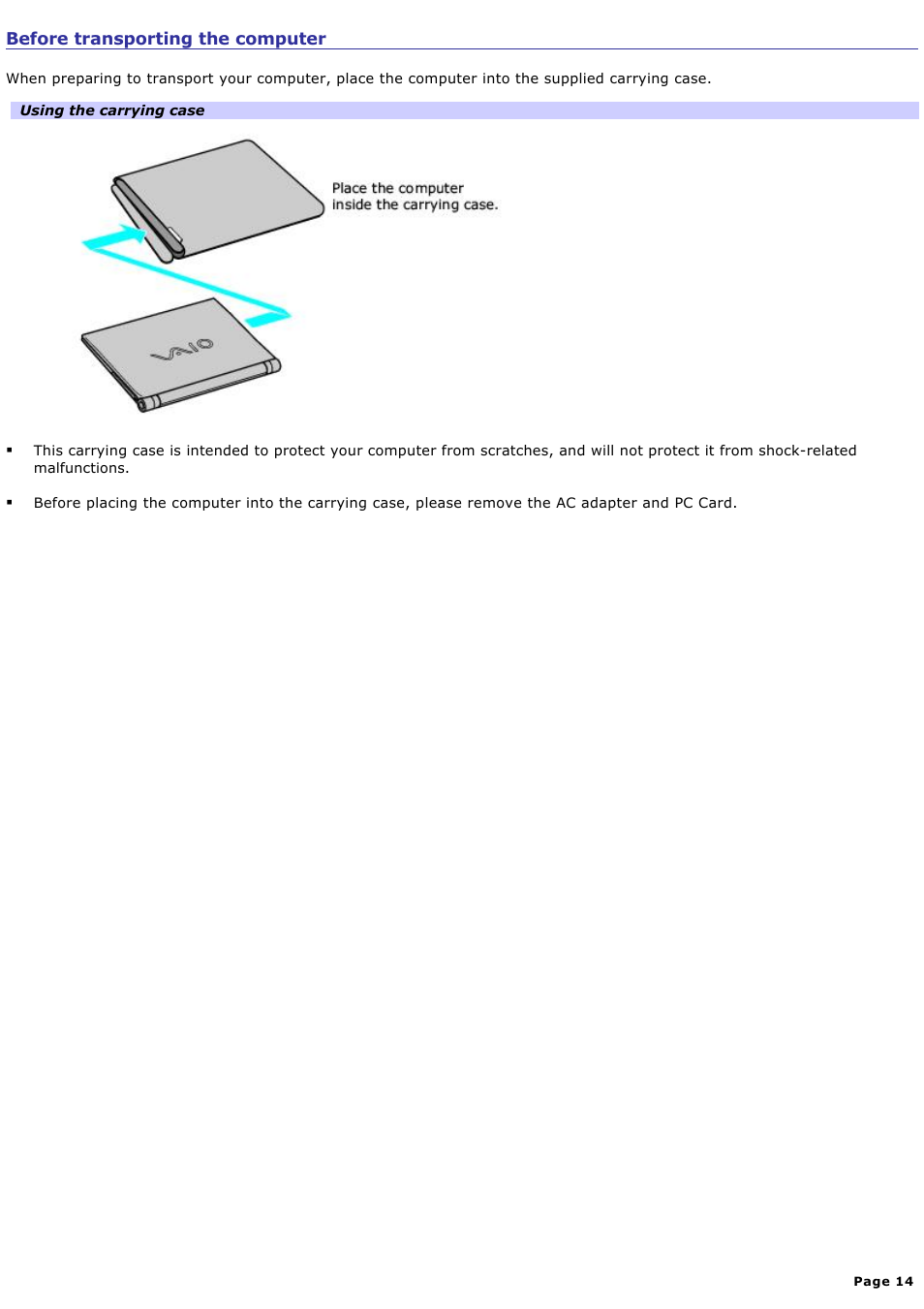 Before transporting the computer | Sony VGN-X505ZP User Manual | Page 14 / 135