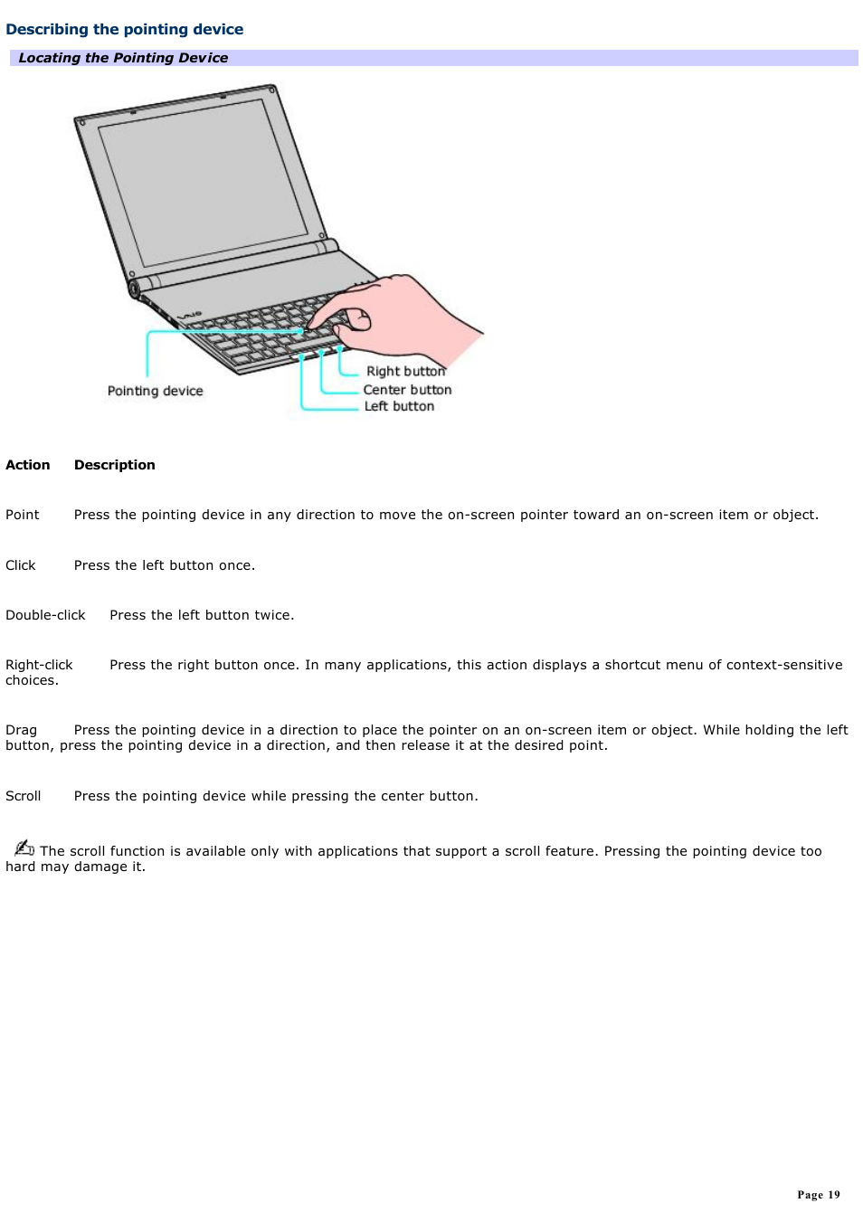 Describing the pointing device | Sony VGN-X505ZP User Manual | Page 19 / 135