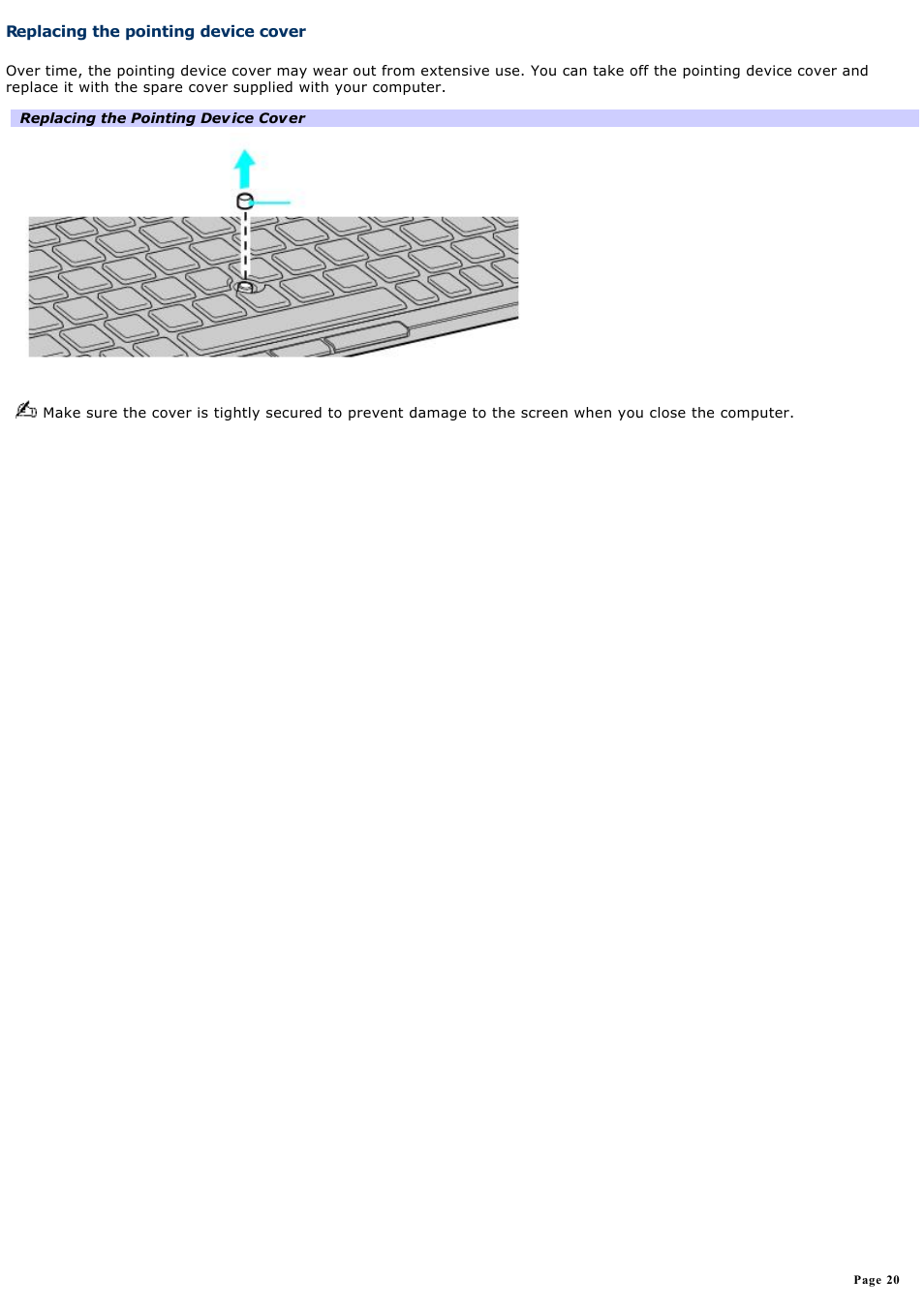 Replacing the pointing device cover | Sony VGN-X505ZP User Manual | Page 20 / 135