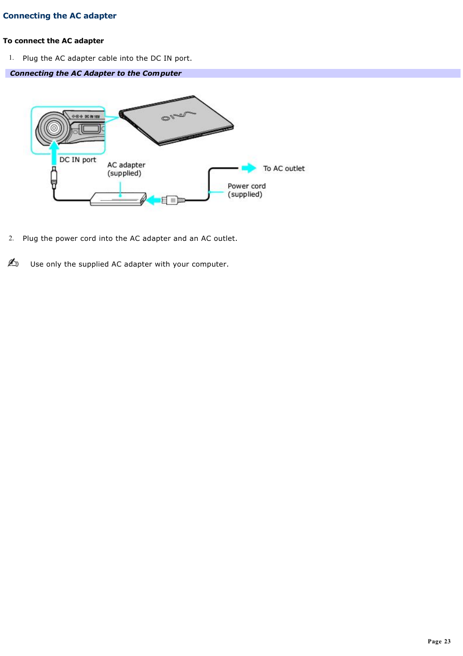 Connecting the ac adapter | Sony VGN-X505ZP User Manual | Page 23 / 135