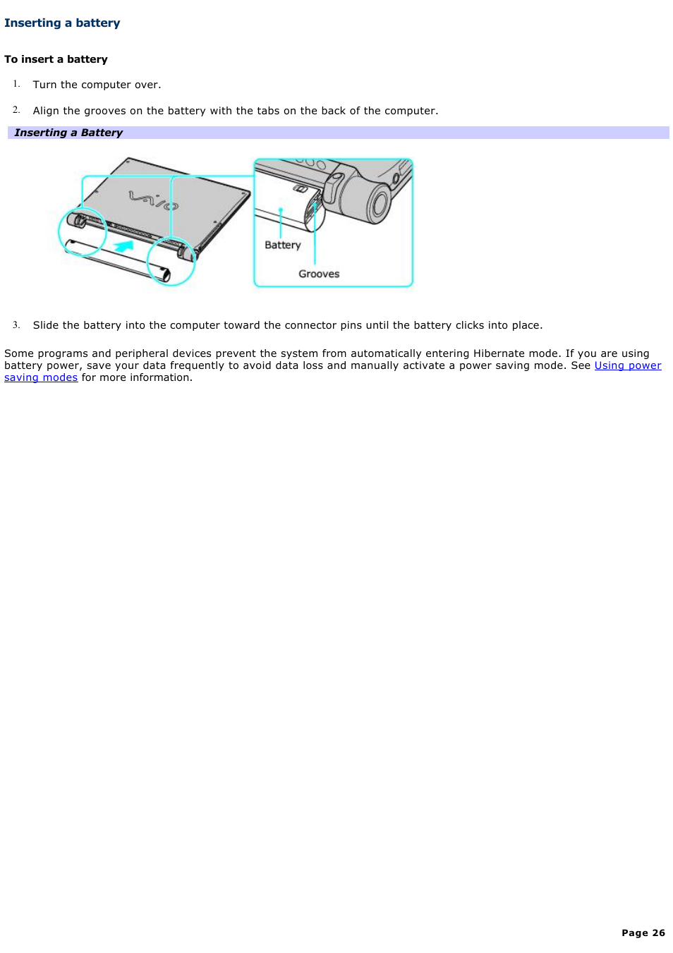 Inserting a battery | Sony VGN-X505ZP User Manual | Page 26 / 135