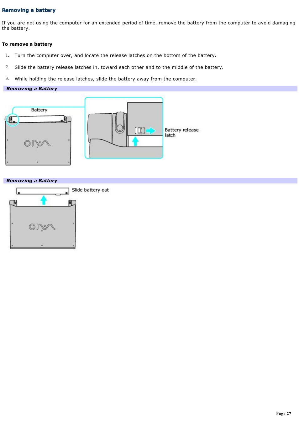 Removing a battery | Sony VGN-X505ZP User Manual | Page 27 / 135