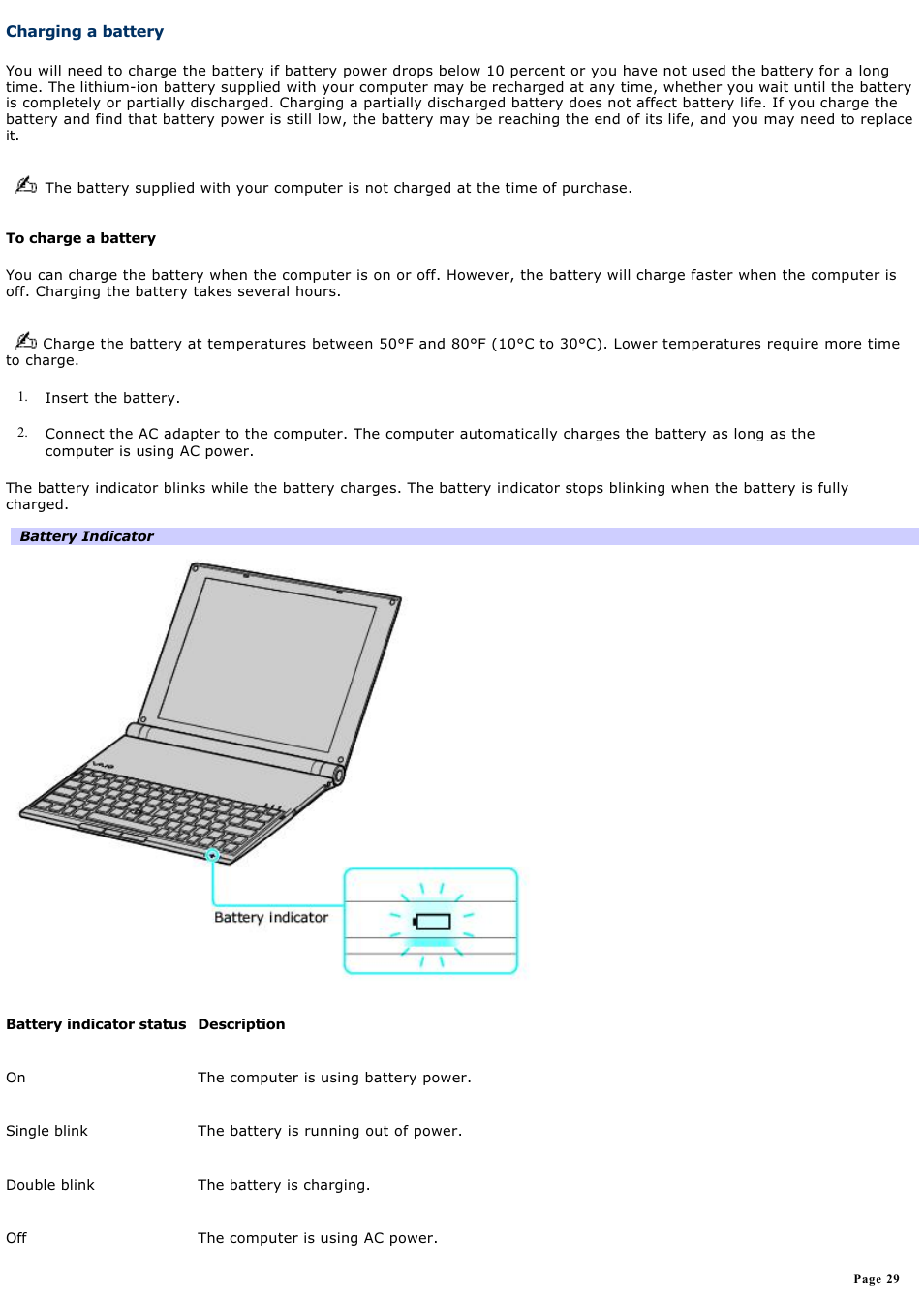 Charging a battery | Sony VGN-X505ZP User Manual | Page 29 / 135