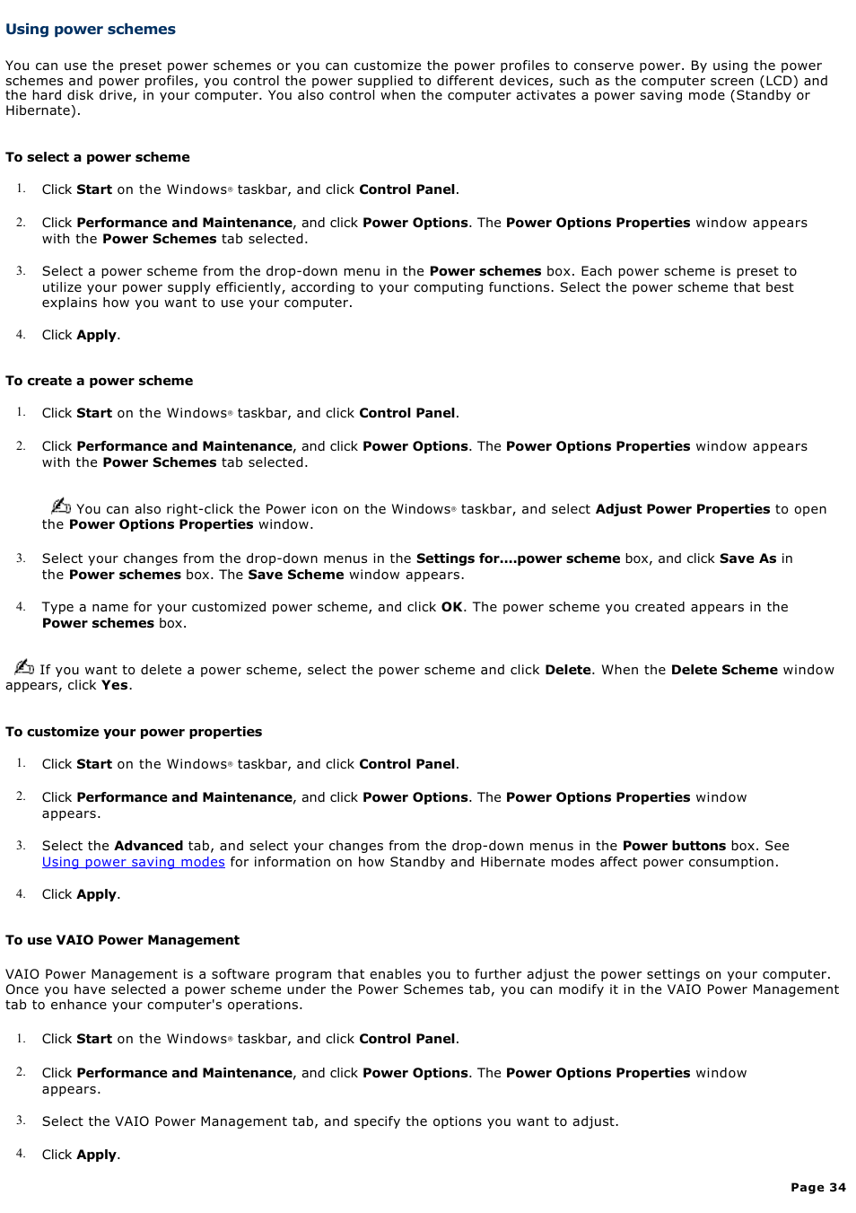 Using power schemes | Sony VGN-X505ZP User Manual | Page 34 / 135