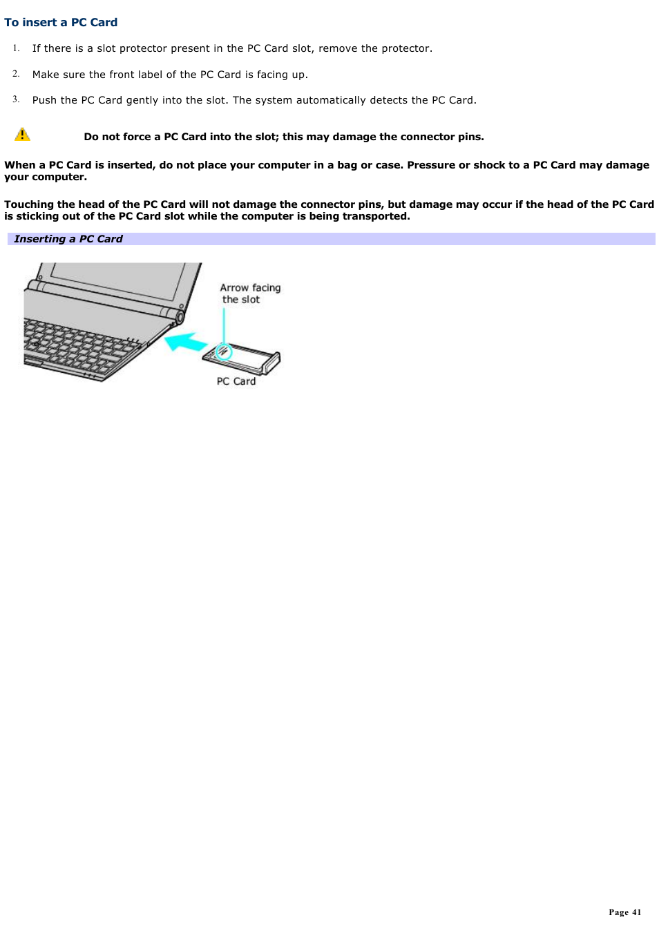 To insert a pc card | Sony VGN-X505ZP User Manual | Page 41 / 135